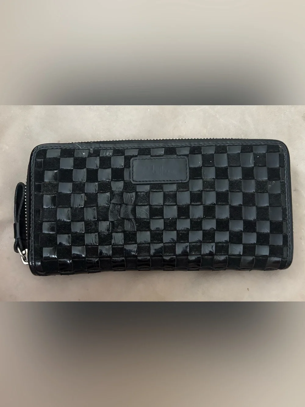 Cole Haan Black Woven Patent Leather Zip Around Wallet Checkered Organizer